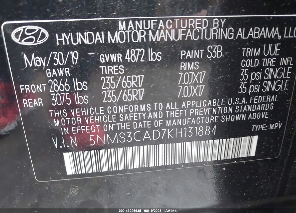 2019 HYUNDAI SANTA FE VIN: 5NMS3CAD7KH131884