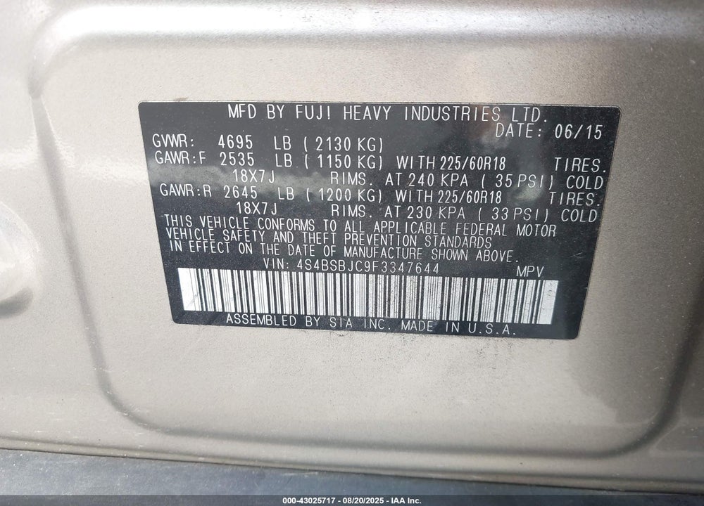 2015 SUBARU OUTBACK VIN: 4S4BSBJC9F3347644