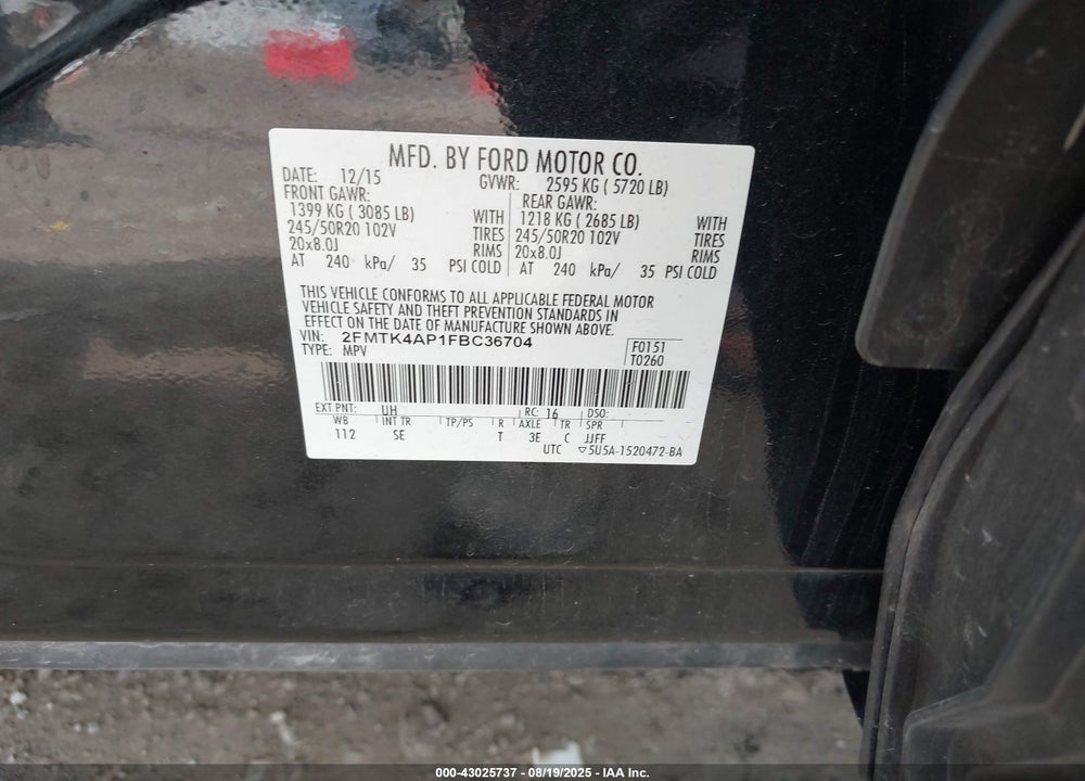 2015 FORD EDGE VIN: 2FMTK4AP1FBC36704