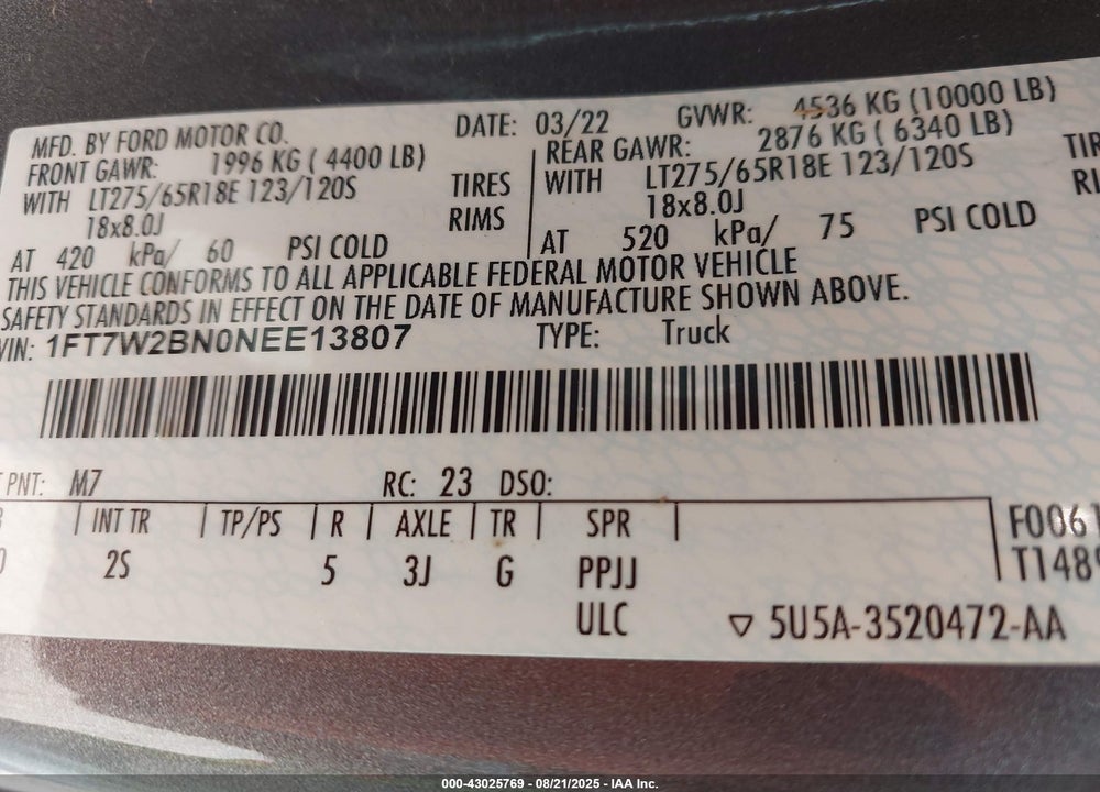 2022 FORD F-250 VIN: 1FT7W2BN0NEE13807