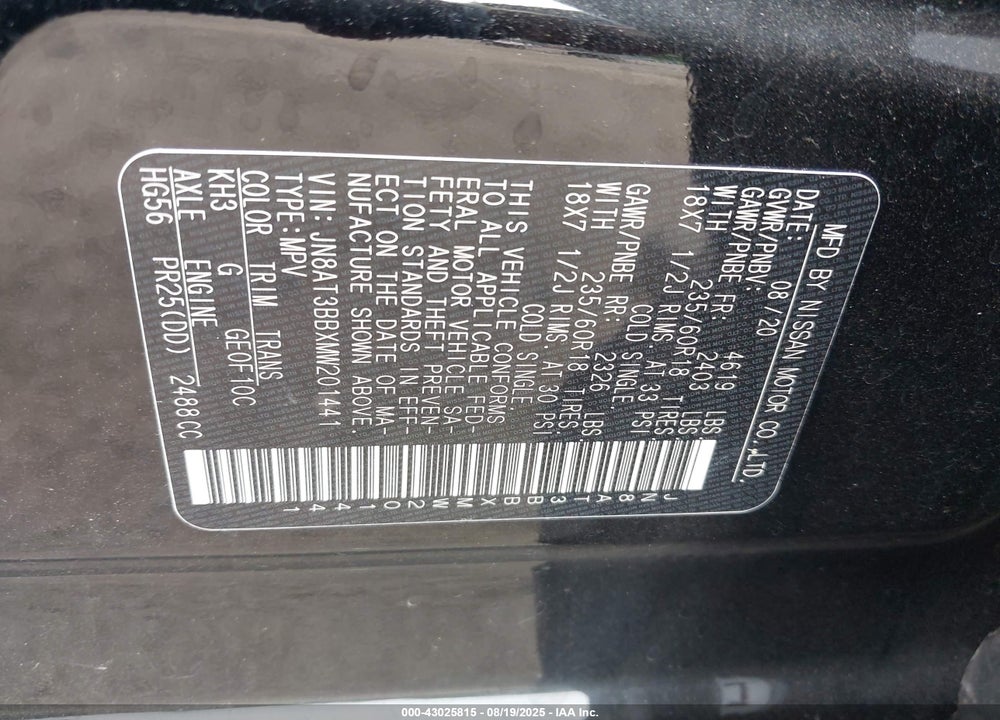 2021 NISSAN ROGUE VIN: JN8AT3BBXMW201441
