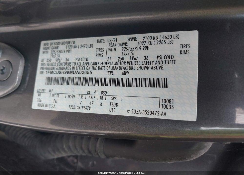 2021 FORD ESCAPE VIN: 1FMCU9H99MUA02655