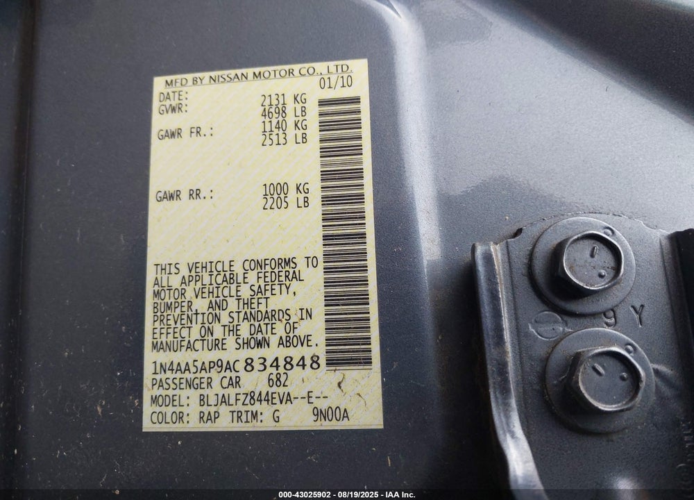 2010 NISSAN MAXIMA VIN: 1N4AA5AP9AC834848