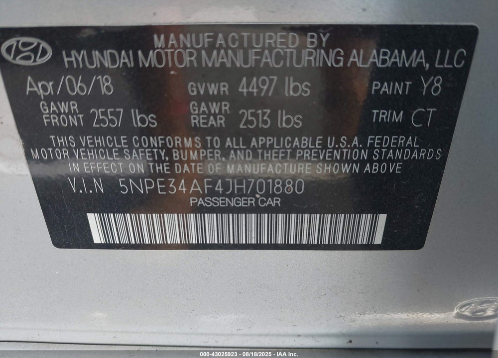 2018 HYUNDAI SONATA VIN: 5NPE34AF4JH701880
