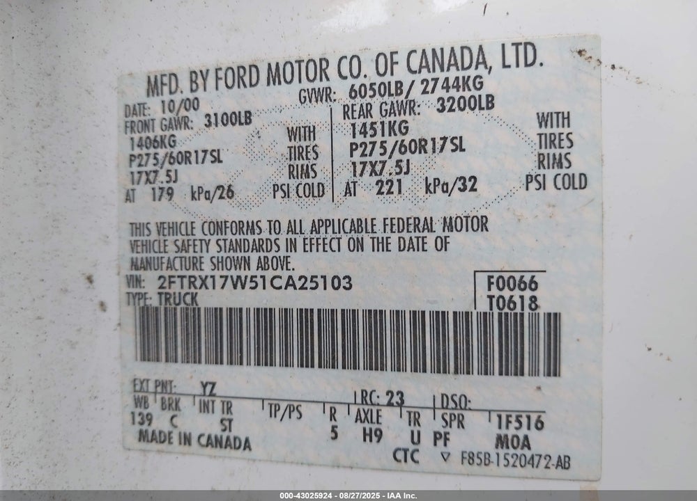 2001 FORD F-150 LARIAT/XL/XLT VIN: 2FTRX17W51CA25103