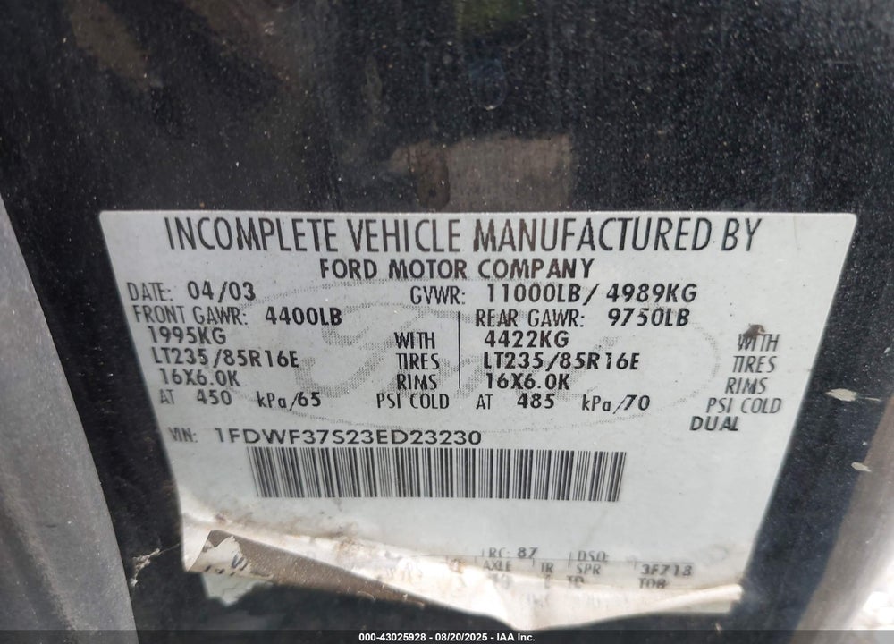 2003 FORD F-350 XL/XLT VIN: 1FDWF37S23ED23230