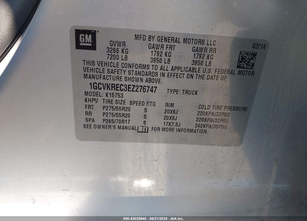 2014 CHEVROLET SILVERADO 1500 VIN: 1GCVKREC3EZ276747