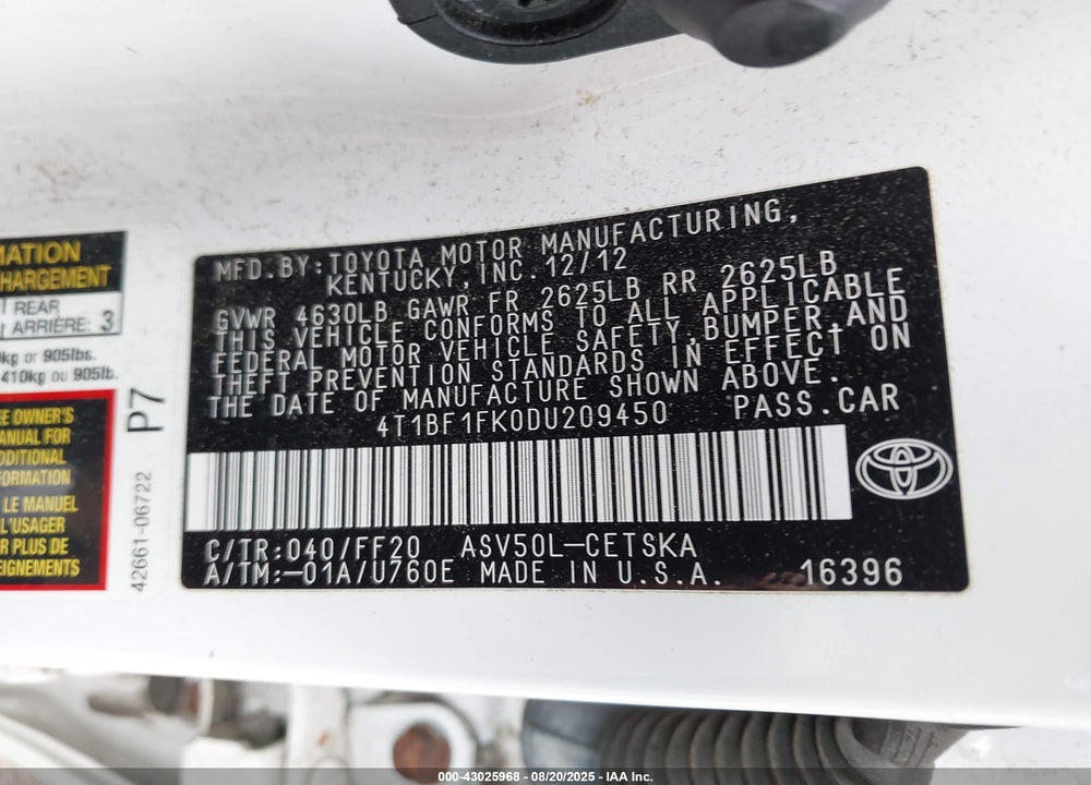 2013 TOYOTA CAMRY VIN: 4T1BF1FK0DU209450
