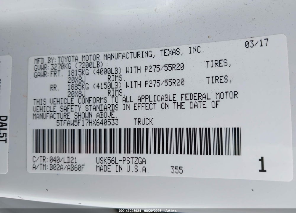 2017 TOYOTA TUNDRA 1794 5.7L V8 VIN: 5TFAW5F17HX640533