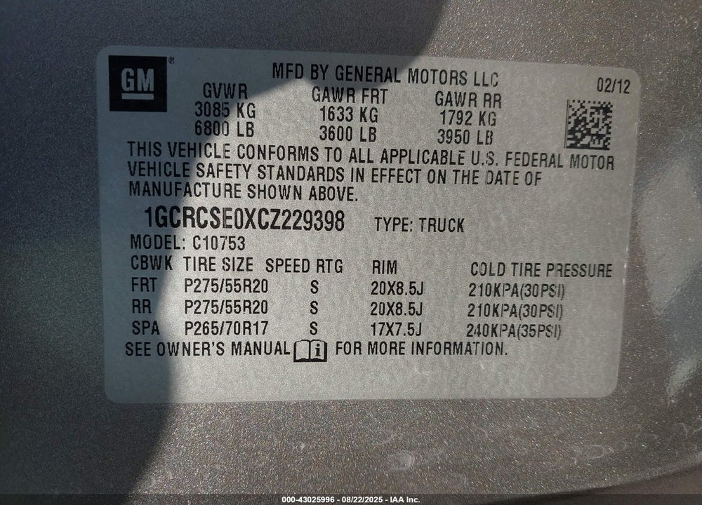 2012 CHEVROLET SILVERADO 1500 VIN: 1GCRCSE0XCZ229398