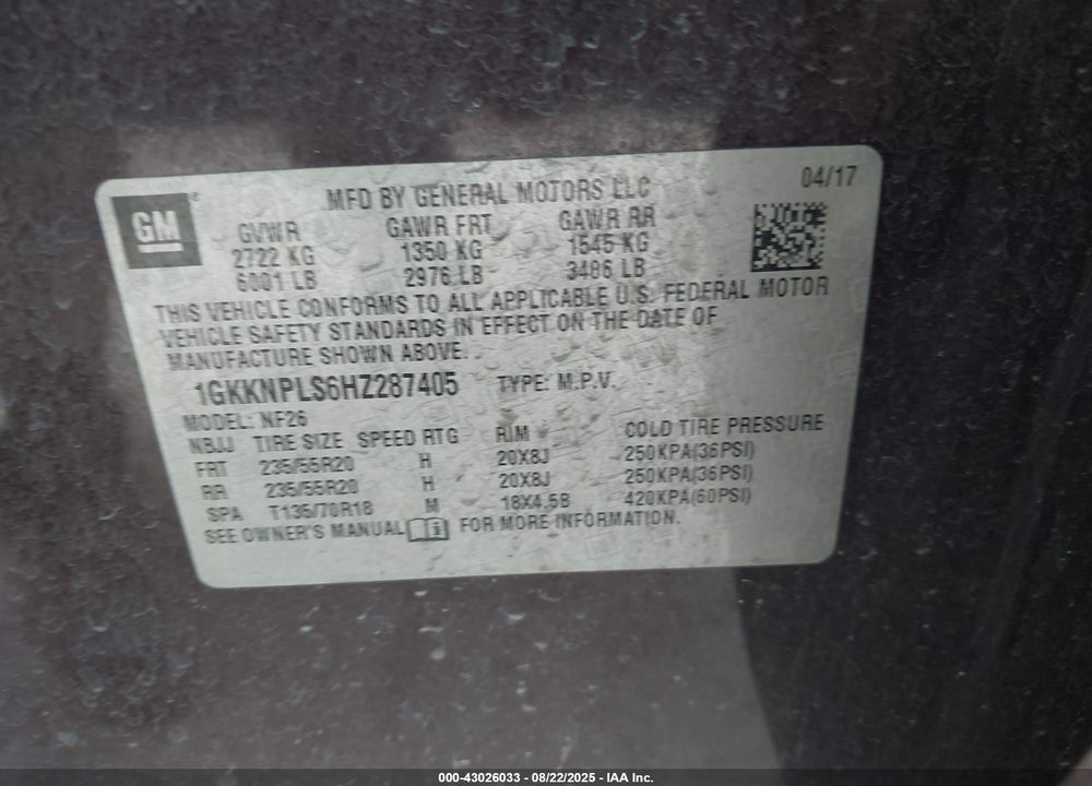 2017 GMC ACADIA VIN: 1GKKNPLS6HZ287405