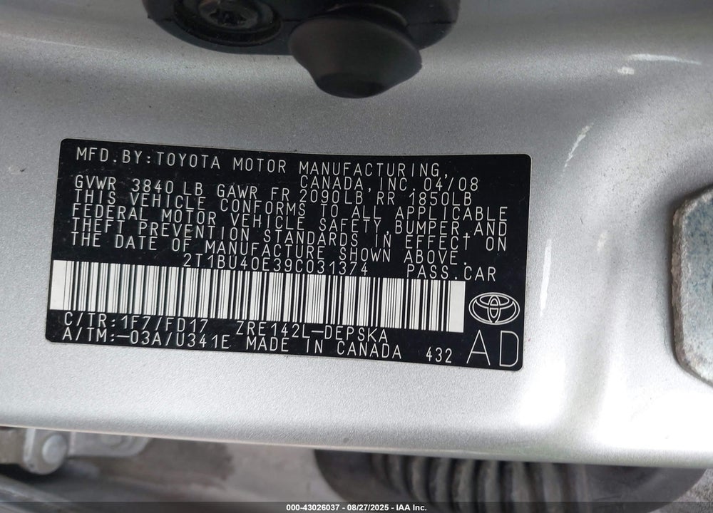 2009 TOYOTA COROLLA VIN: 2T1BU40E39C031374
