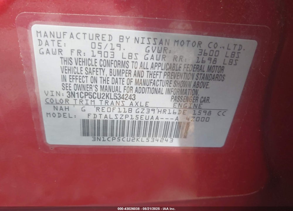 2019 NISSAN KICKS VIN: 3N1CP5CU2KL534243