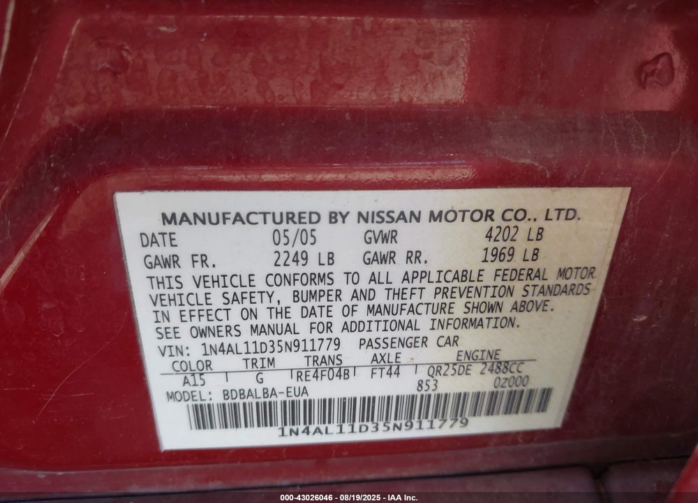 2005 NISSAN ALTIMA 2.5 S VIN: 1N4AL11D35N911779