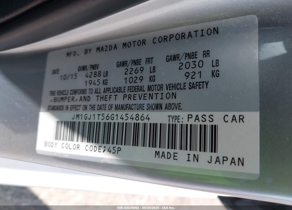 2016 MAZDA 6 VIN: JM1GJ1T56G1454864
