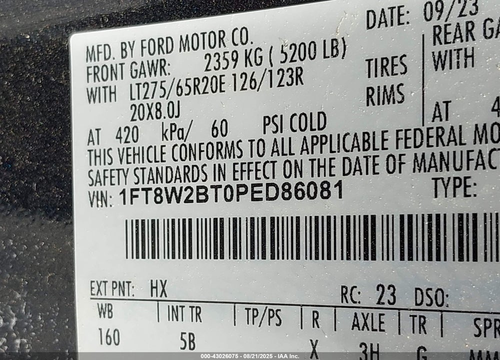 2023 FORD F-250 LARIAT VIN: 1FT8W2BT0PED86081