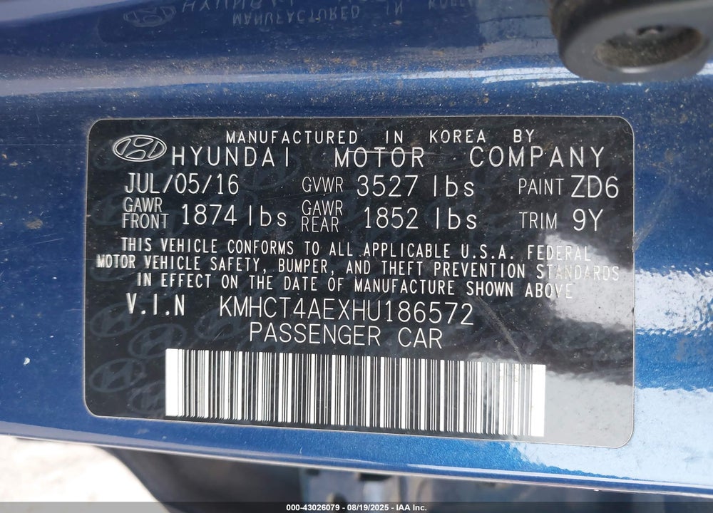 2017 HYUNDAI ACCENT VIN: KMHCT4AEXHU186572