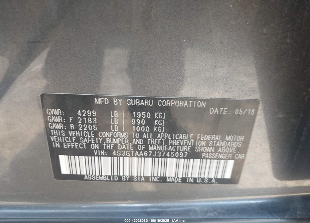 2018 SUBARU IMPREZA VIN: 4S3GTAA67J3745097