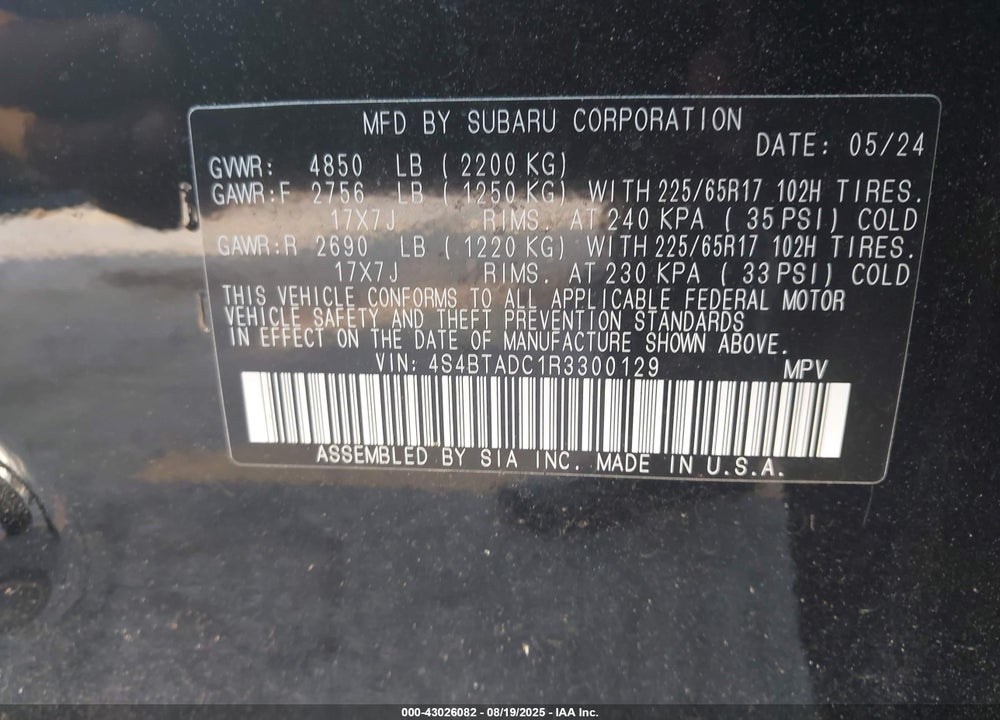 2024 SUBARU OUTBACK PREMIUM VIN: 4S4BTADC1R3300129