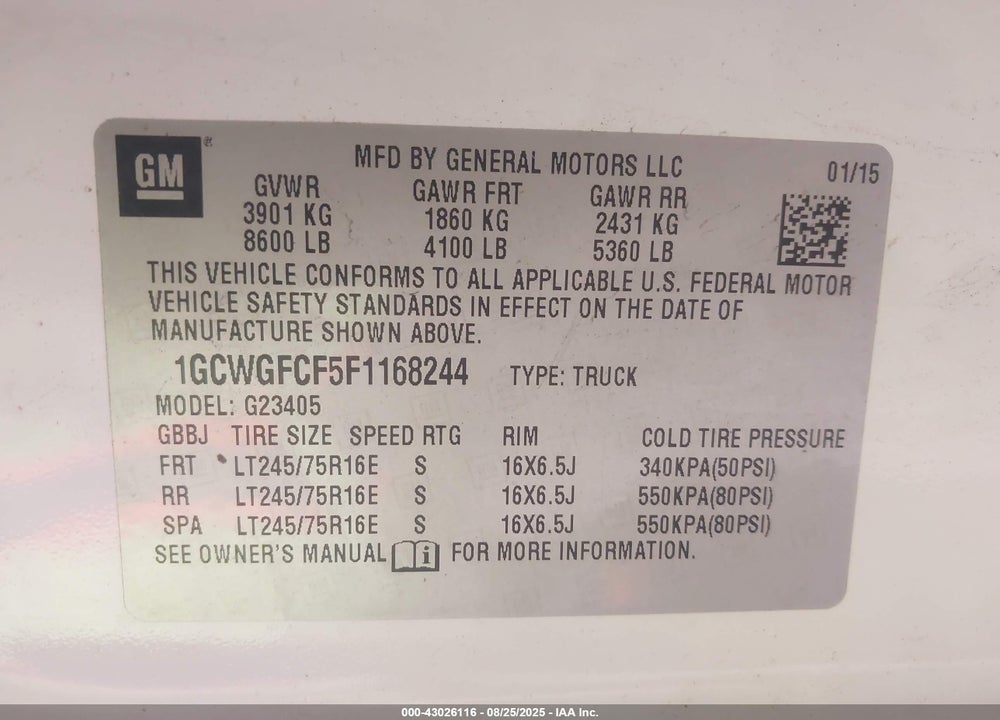 2015 CHEVROLET EXPRESS 2500 WORK VAN VIN: 1GCWGFCF5F1168244