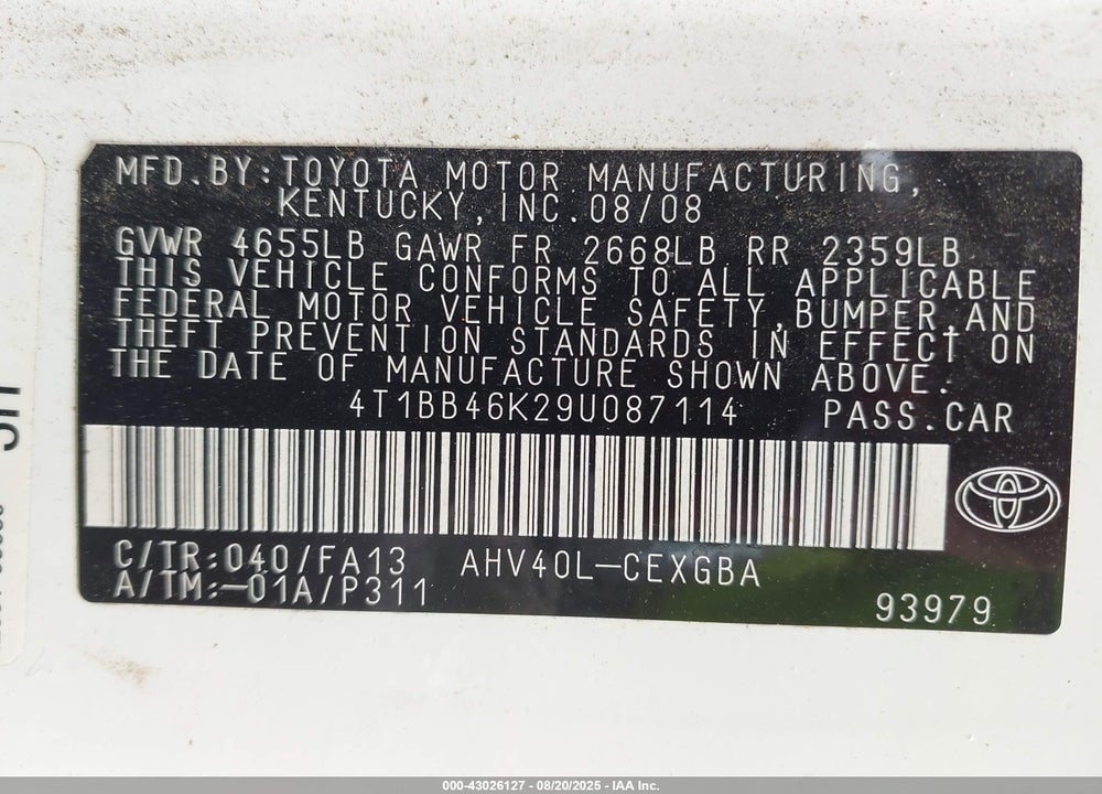 2009 TOYOTA CAMRY HYBRID VIN: 4T1BB46K29U087114