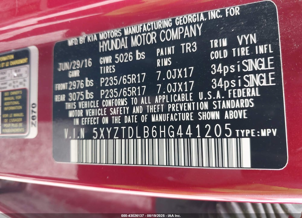 2017 HYUNDAI SANTA FE VIN: 5XYZTDLB6HG441205