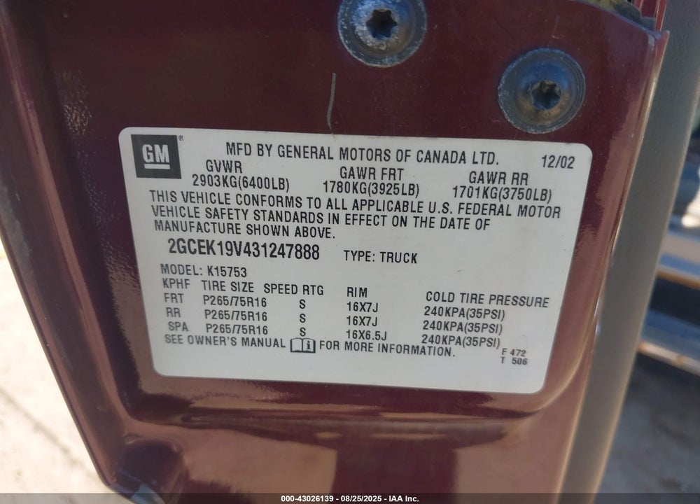 2003 CHEVROLET SILVERADO 1500 LS VIN: 2GCEK19V431247888