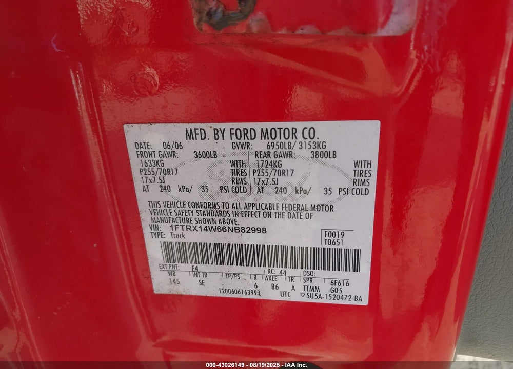 2006 FORD F-150 STX/XL/XLT VIN: 1FTRX14W66NB82998