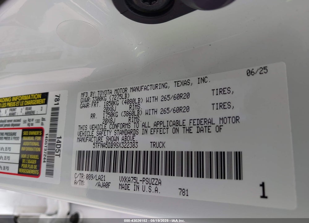 2025 TOYOTA TUNDRA PLATINUM 4WD VIN: 5TFNA5DB9SX322383