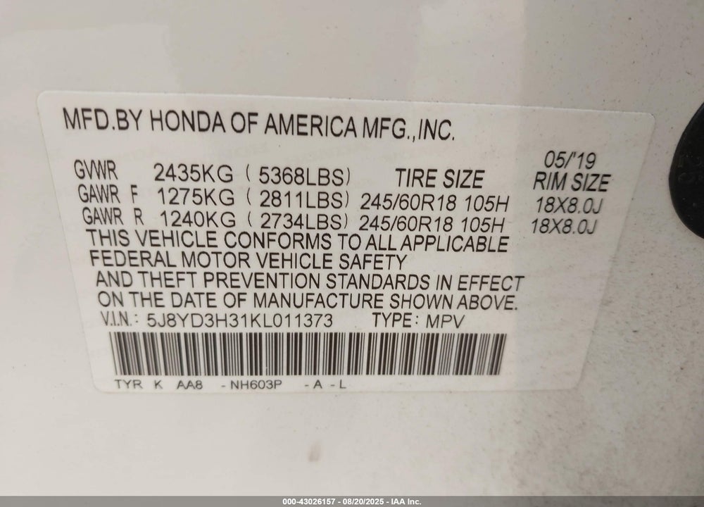 2019 ACURA MDX STANDARD VIN: 5J8YD3H31KL011373