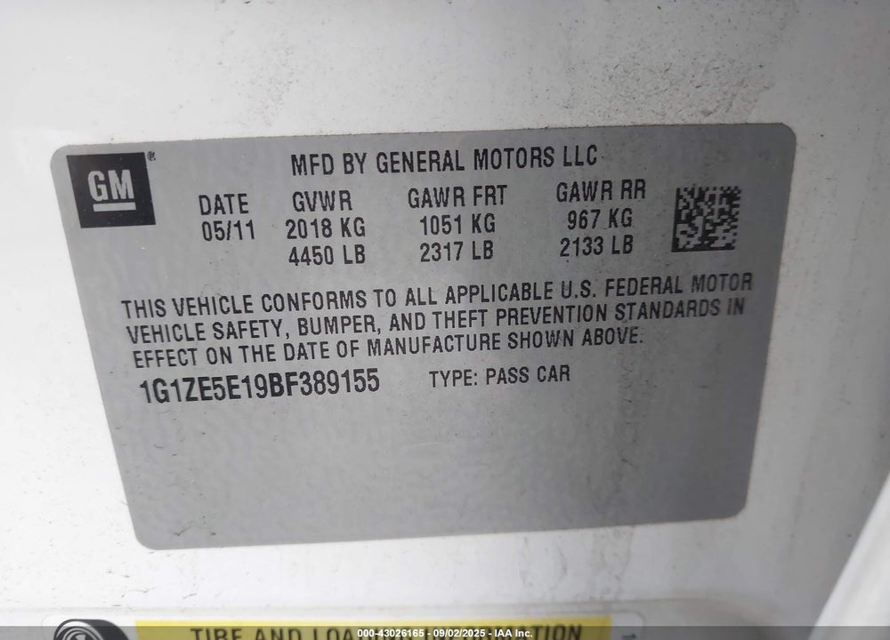 2011 CHEVROLET MALIBU LTZ VIN: 1G1ZE5E19BF389155