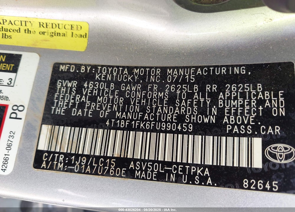 2015 TOYOTA CAMRY VIN: 4T1BF1FK6FU990459