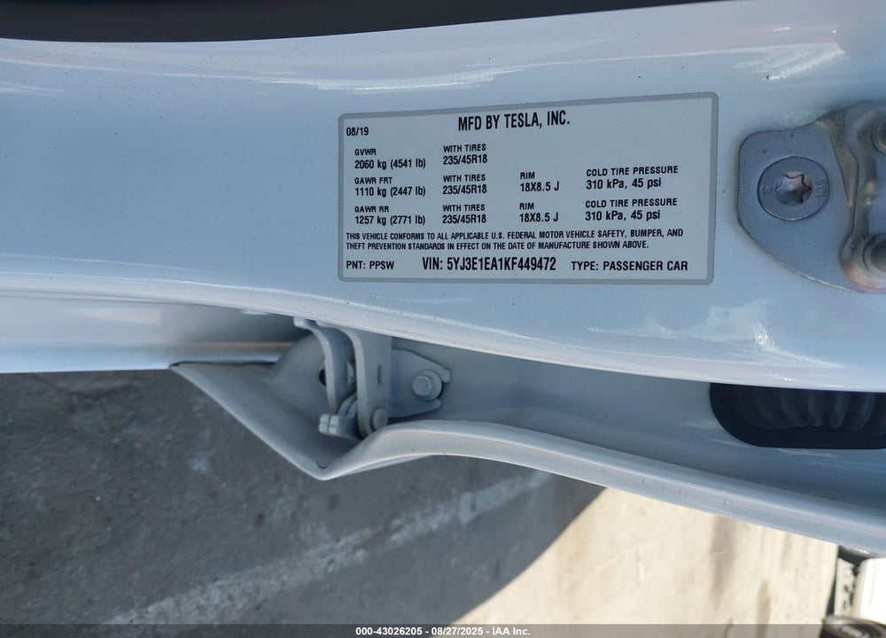 2019 TESLA MODEL 3 VIN: 5YJ3E1EA1KF449472