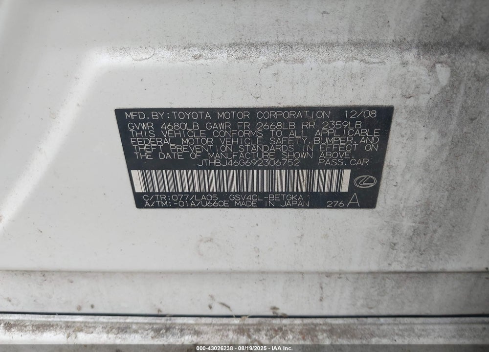 2009 LEXUS ES 350 VIN: JTHBJ46G692306752