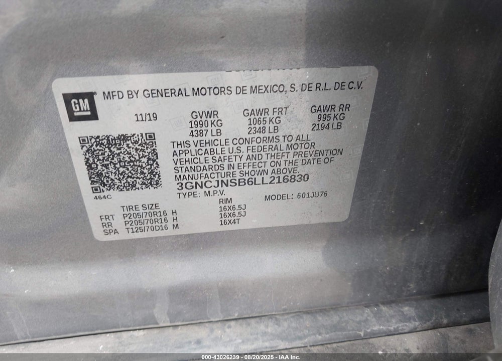 2020 CHEVROLET TRAX VIN: 3GNCJNSB6LL216830