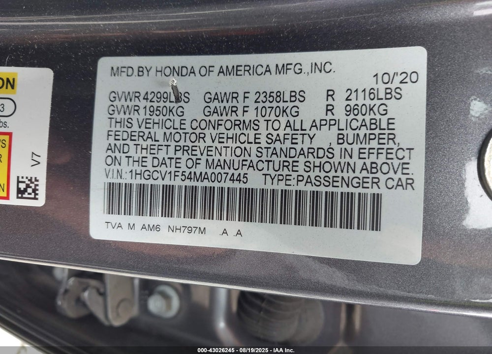 2021 HONDA ACCORD EX-L VIN: 1HGCV1F54MA007445