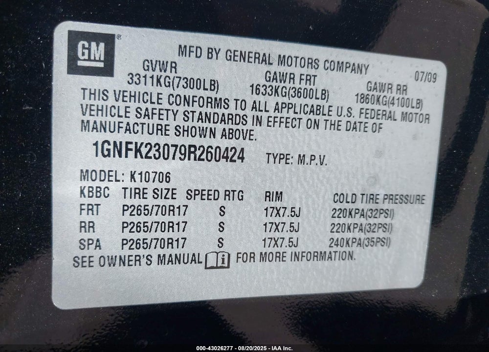 2009 CHEVROLET TAHOE VIN: 1GNFK23079R260424