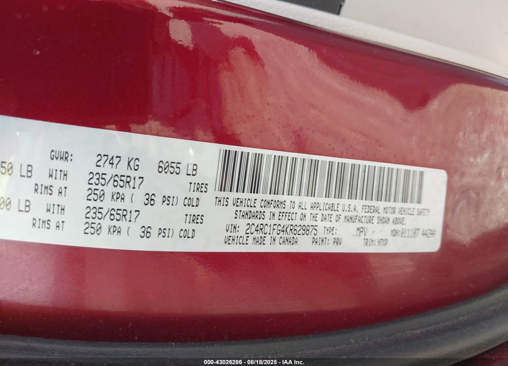 2019 CHRYSLER PACIFICA TOURING PLUS VIN: 2C4RC1FG4KR629875