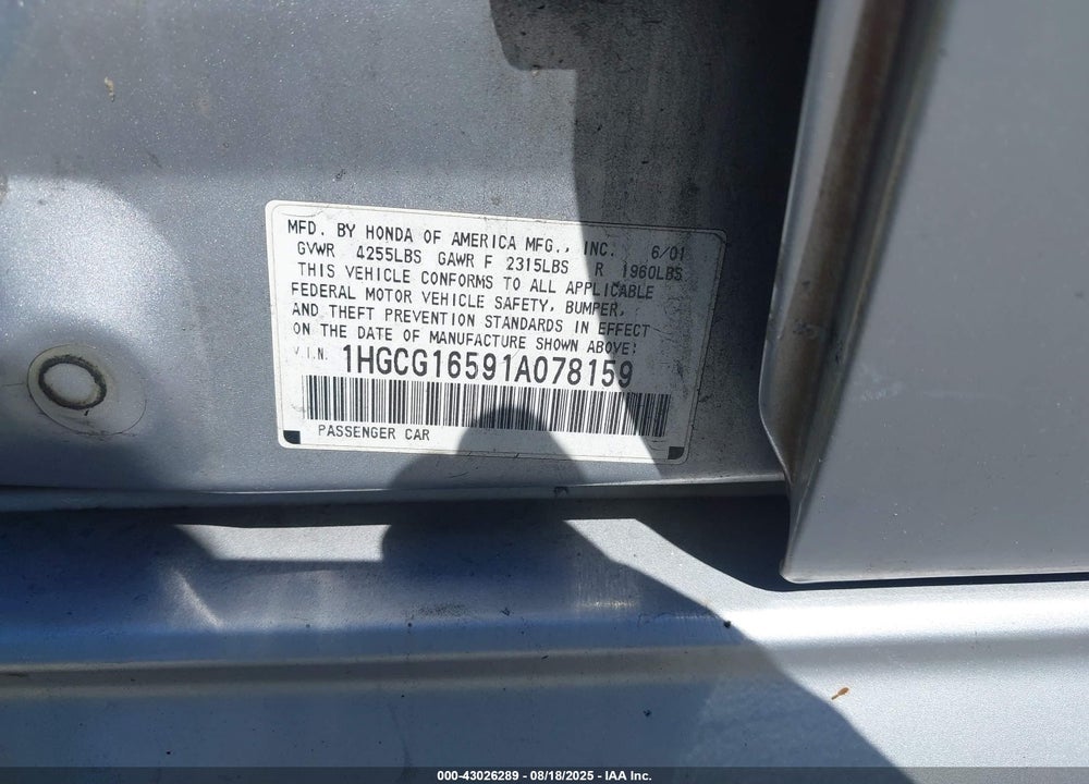 2001 HONDA ACCORD 3.0 EX VIN: 1HGCG16591A078159