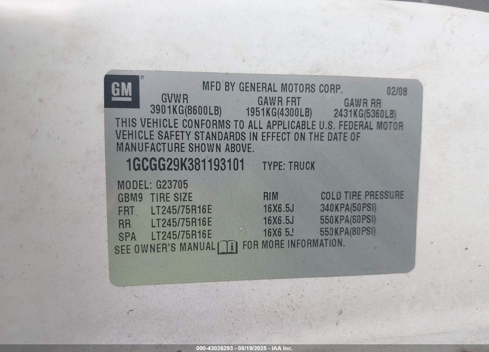 2008 CHEVROLET EXPRESS WORK VAN VIN: 1GCGG29K381193101