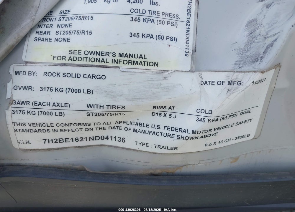 2023 ROCK SOLID CARGO CARGO TRAILER VIN: 7H2BE1621ND041136