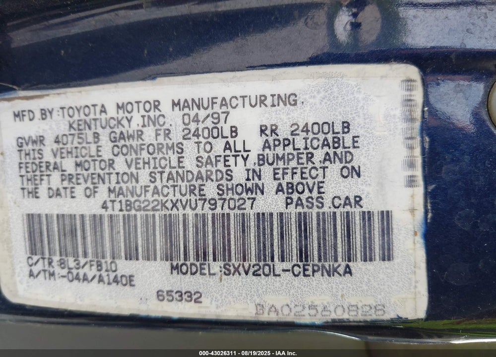 1997 TOYOTA CAMRY LE VIN: 4T1BG22KXVU797027