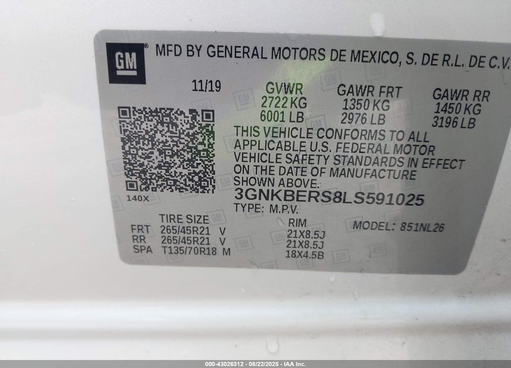 2020 CHEVROLET BLAZER VIN: 3GNKBERS8LS591025