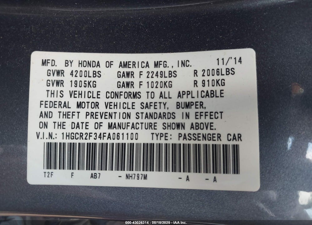 2015 HONDA ACCORD LX VIN: 1HGCR2F34FA061100