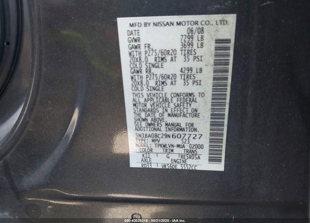 2009 NISSAN ARMADA VIN: 5N1BA08C29N607727