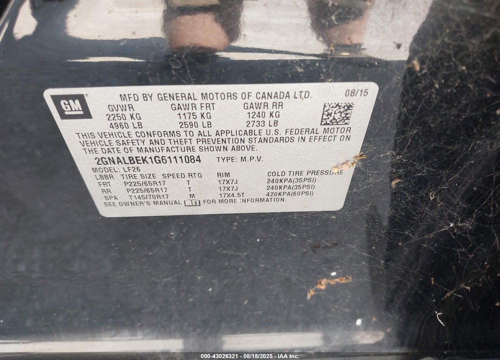 2016 CHEVROLET EQUINOX VIN: 2GNALBEK1G6111084