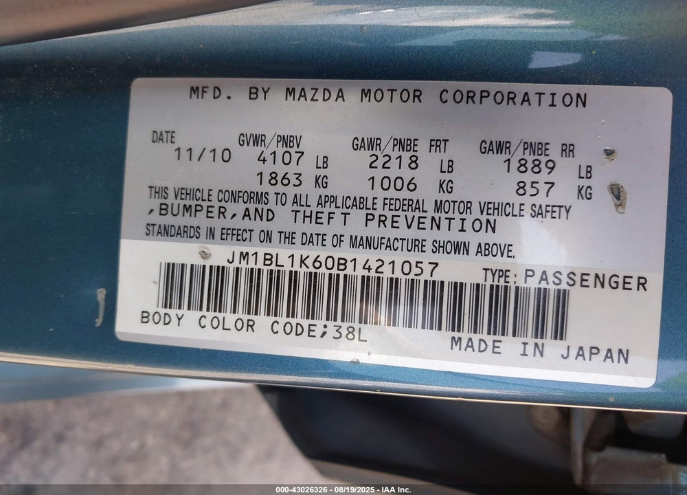 2011 MAZDA 3 S SPORT VIN: JM1BL1K60B1421057