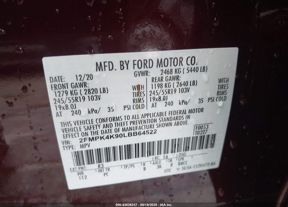 2020 FORD EDGE TITANIUM VIN: 2FMPK4K90LBB64522