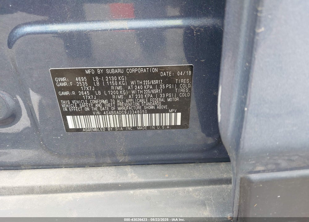 2018 SUBARU OUTBACK VIN: 4S4BSADC9J3348050