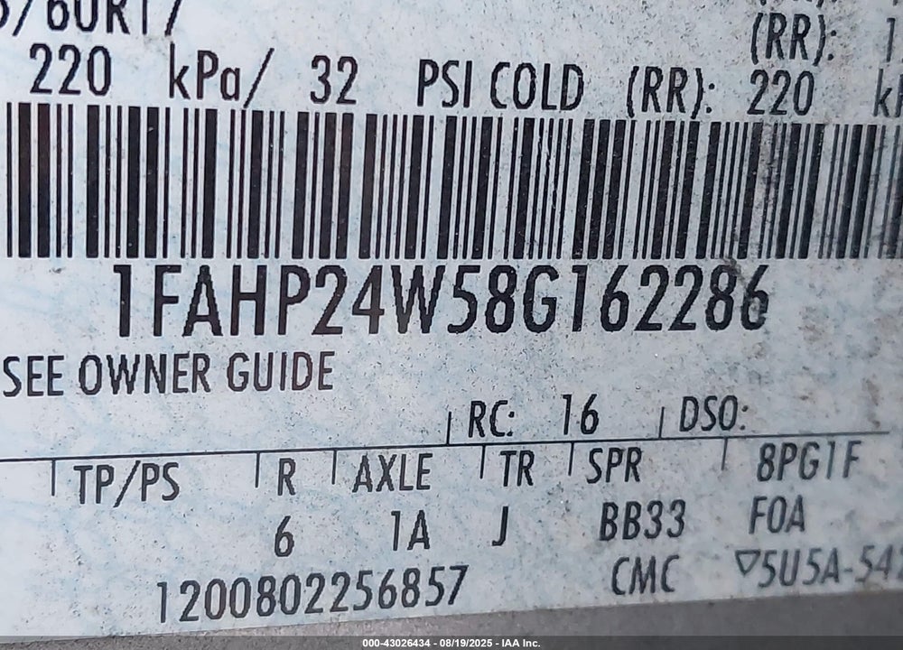 2008 FORD TAURUS VIN: 1FAHP24W58G162286